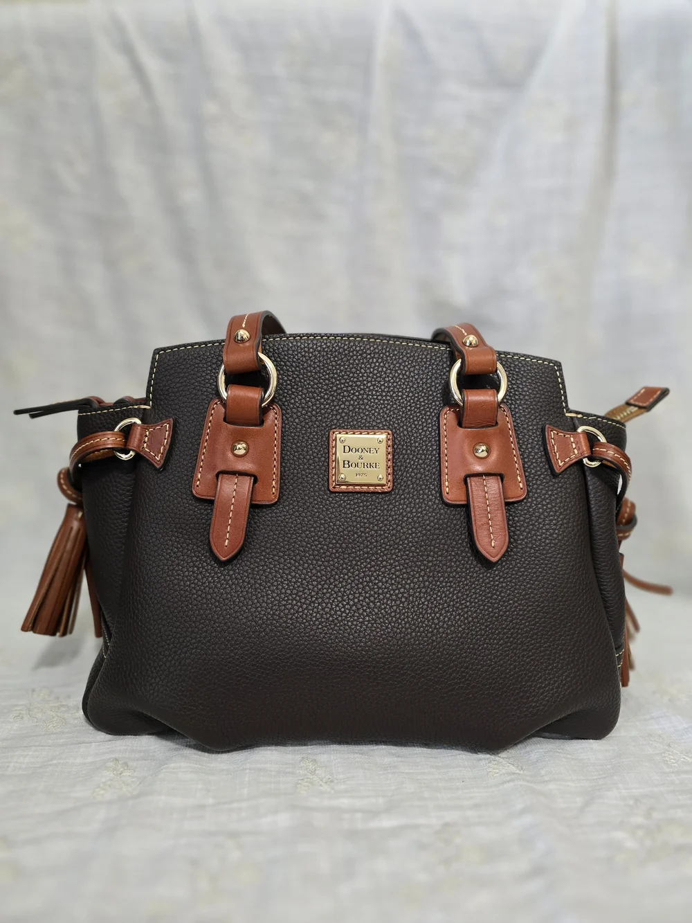 Dooney & Bourke Brown Pebbled Leather Satchel with Tan Trim